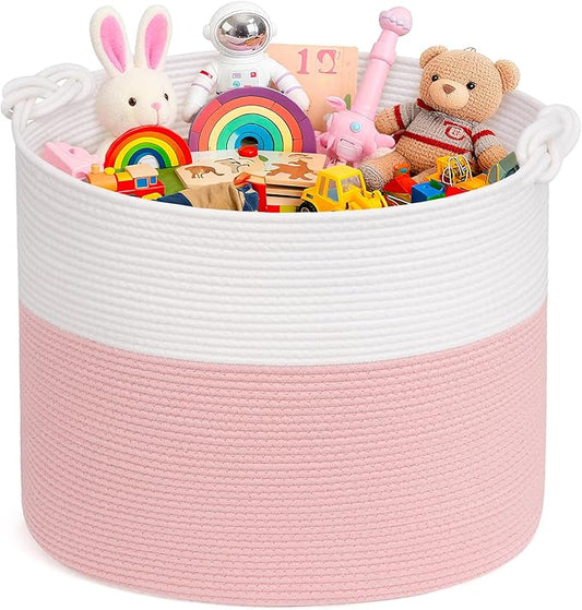 Goodpick 17"x16" Toy Storage for Kids, Home Décor Living Room, Decorative Blanket Basket for Girls Bedroom, Baby Laundry Basket With Handles, White & Pink