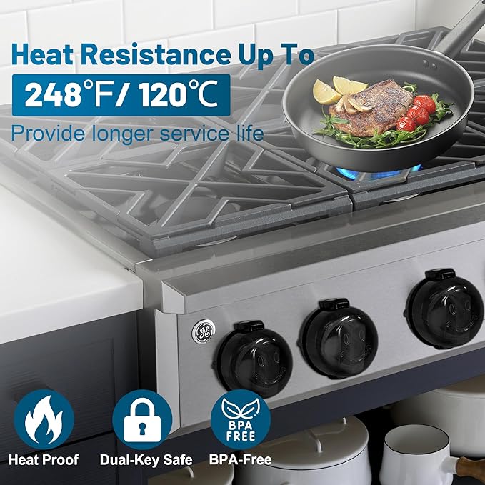 Oven Knob Covers for Child Safety 5 Pack, Black Stove Knob Safety Covers & Gas Stove Locks, Heat-Resistant Adhesive, Double-Key Baby Proof Covers for Gas/Electric Burners,Childproof Protector for Kids