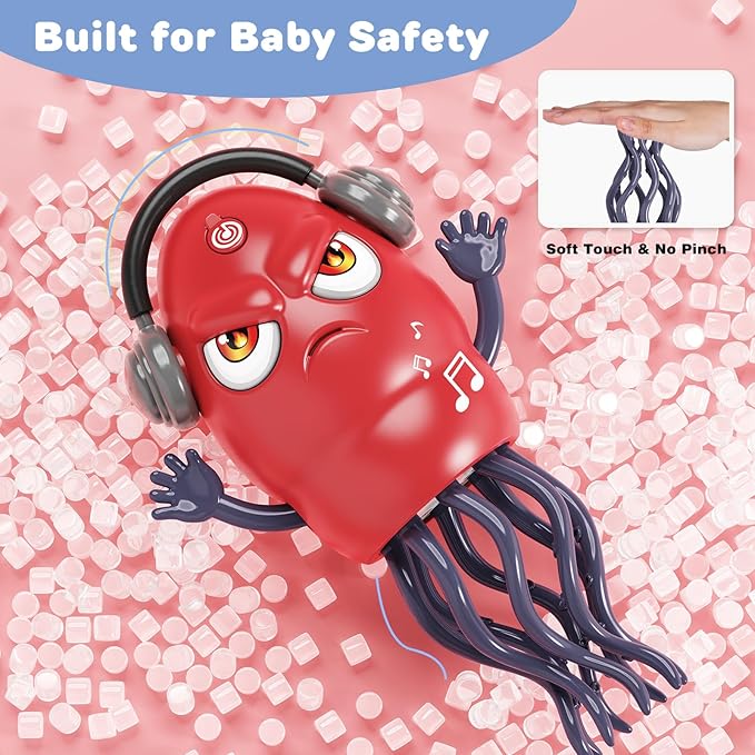 Dancing Squid Toy with Spray, Dancing Octopus Crawling Toys with Music and Lights, Electric Crawling Octopus Baby Toy, Tummy Time Squid Toys, Birthday Baby Gifts Christmas Stocking Stuffers (Red)