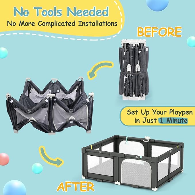 Tolead Foldable Playpen for Babies and Toddlers, 72" x 59" Extra Large Collapsible Play Pen with Basket, 4 Handlers & 50 Ocean Balls, Portable Travel Play Yard with Carry Bag, No Installation, Grey