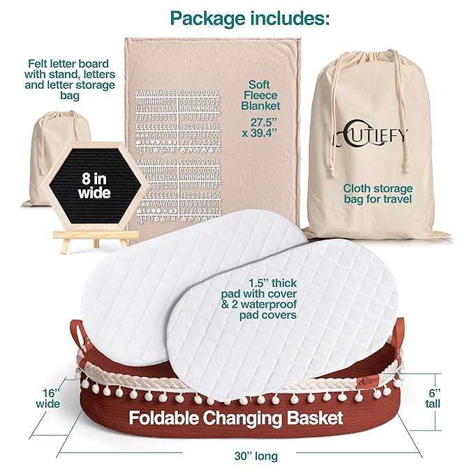 Baby Changing Basket - Portable Changing Pad for Dresser - Foldable Moses Basket for Babies - Includes Thick Pad, Felt Letter Board, Waterproof Pad Covers, Fleece Blanket, Cotton Carry Bag