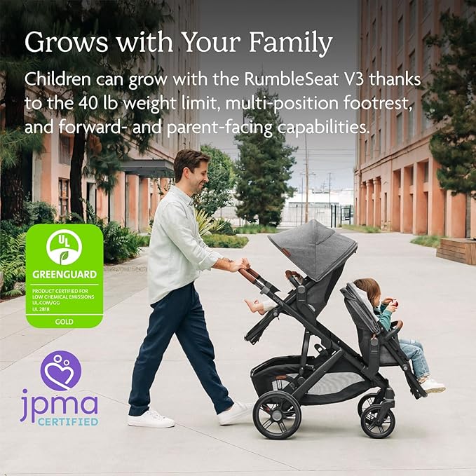 UPPAbaby RumbleSeat V3 Second Lower Seat - Compatible with Vista V2 and Vista V3 - All-Weather Seat + Magnetic Buckle – Adapters Included - Greyson (Charcoal Mélange/Carbon Frame/Saddle Leather)