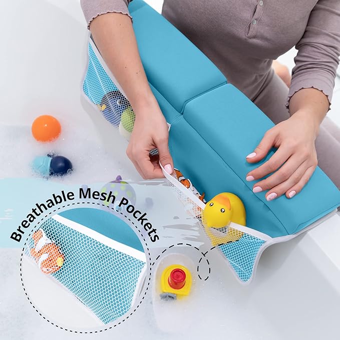 Bath Kneeler and Elbow Rest Pad Set - 2PC Premium Baby Bath Mat Set - Non-Slip Kneeling Pad with Storage Pockets - Machine Washable, Durable Foam Pad Bundle - Blue