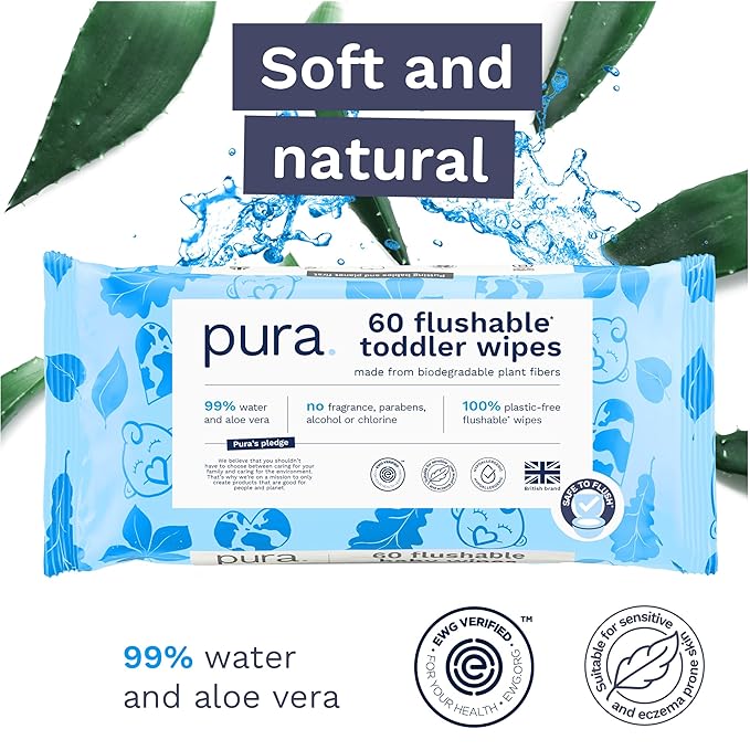 Pura Flushable Toddler Wipes 3 x 60 Wipes (180 Wipes), 100% Plastic Free, 99% Water, Hypoallergenic & Fragrance Free, Totally Chlorine Free, Kids Toilet Wipes, Potty Training