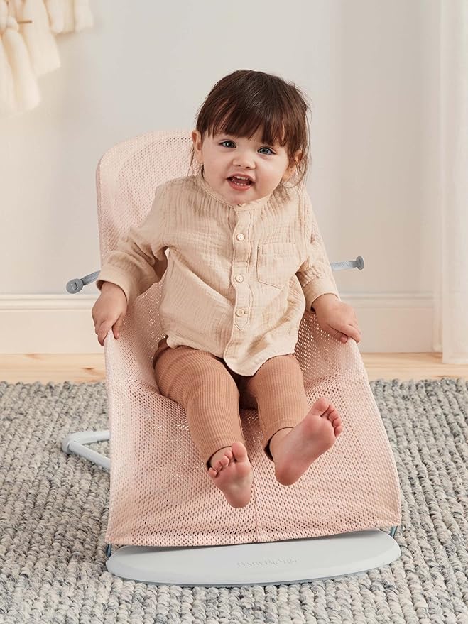 BabyBjörn Bouncer Balance Soft, Light Grey Frame, Mesh, Pearly Pink/White, 2-in-1 Adjustable Baby Bouncer Seat and Toddler Chair, Newborn to Toddler (8-29 lbs), 4 Positions, Lightweight & Portable
