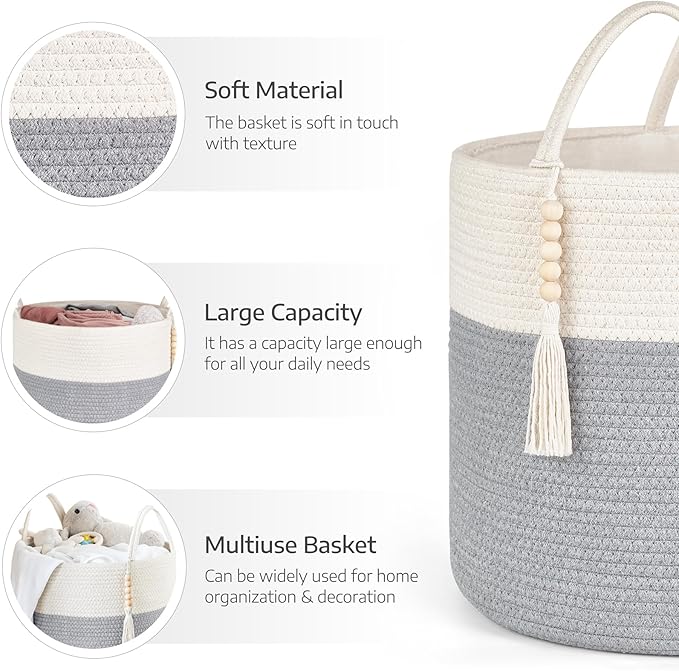 Mkono Woven Storage Basket Decorative Rope Basket Wooden Bead Decoration for Blankets,Toys,Clothes,PlantOrganizer Bin with Handles Living Room Home Decor, Grey and White, 16" W × 13.8" L