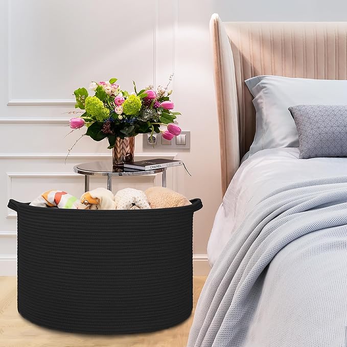 Extra Large Blanket Basket 87L, Laundry Hamper, Baby Nursery Hamper for Storage Toys Clothes Towels, Large Cotton Rope Laundry Basket for Girls Boys, 22”x 14”, Black