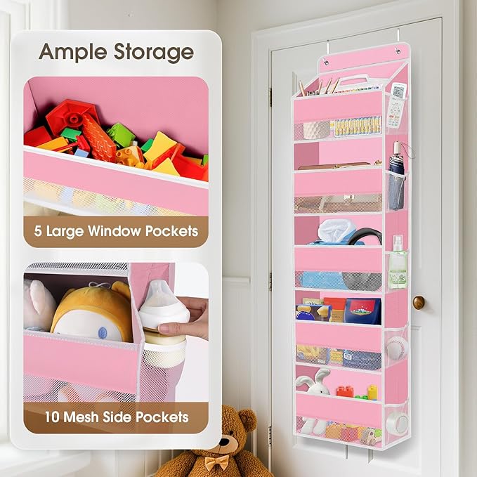 2 Pack Over The Door Organizer Hanging Storage Organizers with Clear Window 40lb Large Capacity Room Organizer for Pantry Laundry Bathroom Nursery Closet(Pink)