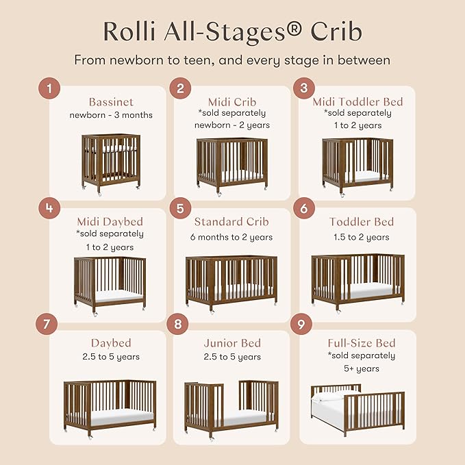 babyletto Rolli 9-in-1 Convertible Baby Crib w/Wheels - Includes Conversion Kits for Bassinet, Standard Crib, Toddler Bed, Daybed & Junior Bed - GREENGUARD Gold - 3 Adjustable Heights, Natural Walnut