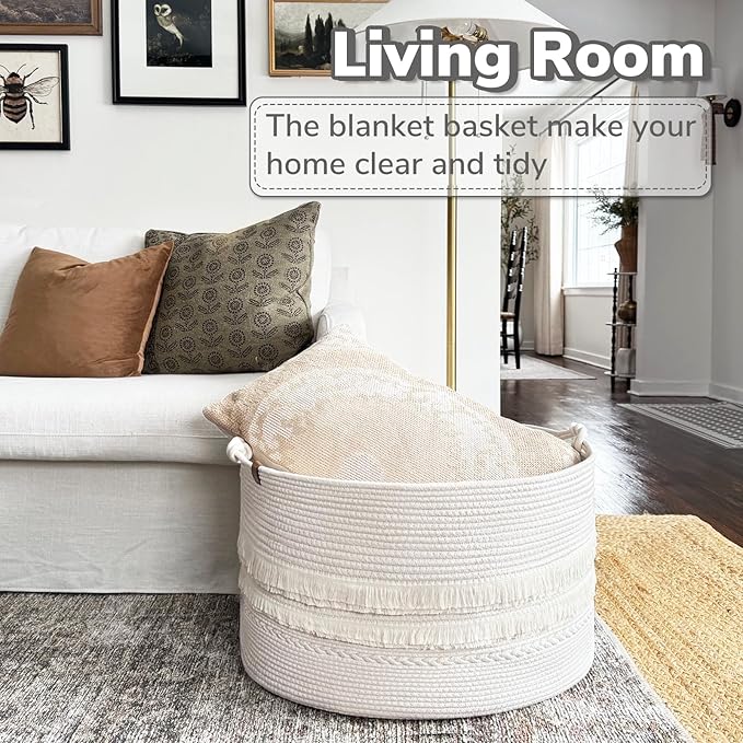 CherryNow 22"x22"x14" Large Blanket Basket, Home Décor for Living Room Bedroom, Boho Decorative Laundry Basket for Clothes, Baby Toy Storage, White
