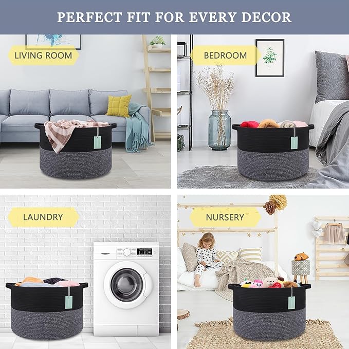 Extra Large Blanket Basket 87L, Laundry Hamper, Baby Nursery Hamper for Storage Toys Clothes Towels, Large Cotton Rope Laundry Basket for Girls Boys, 22”x 14”, Black & Gray