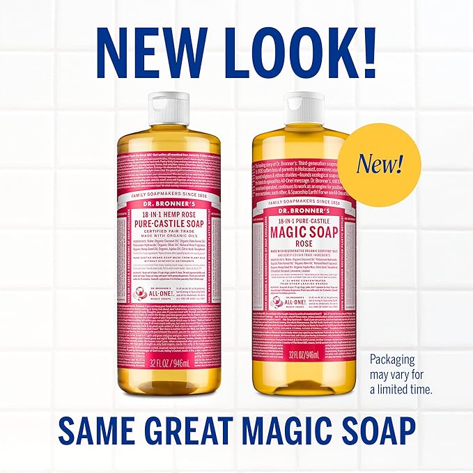 Dr. Bronner's Pure-Castile Magic Soap Liquid- Made with Regenerative Organic Certified Oils- For Body, Face, Hair, Dishes, Laundry, Vegan Bath Soaps for Men & Women, Non-GMO - Rose, 32oz + Refill