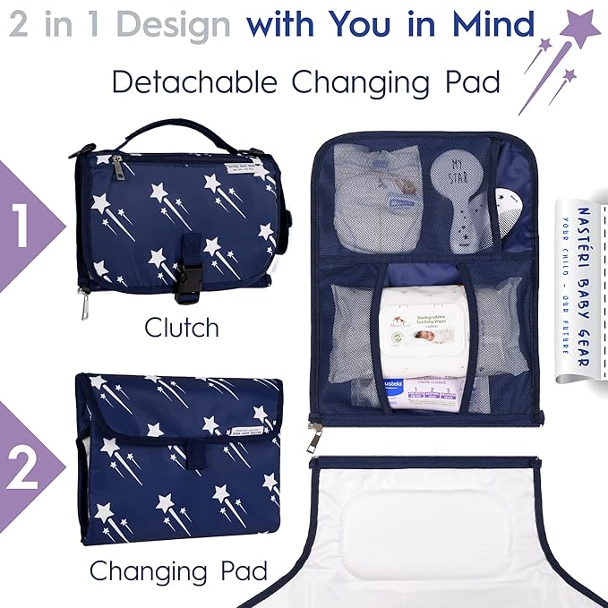 Nasteri Baby Gear Extra Large Portable Baby Changing Pad with Memory Foam Pillow & Insulated Bottle Bag - Waterproof Portable Changing Station for Girls & Boys - Navy
