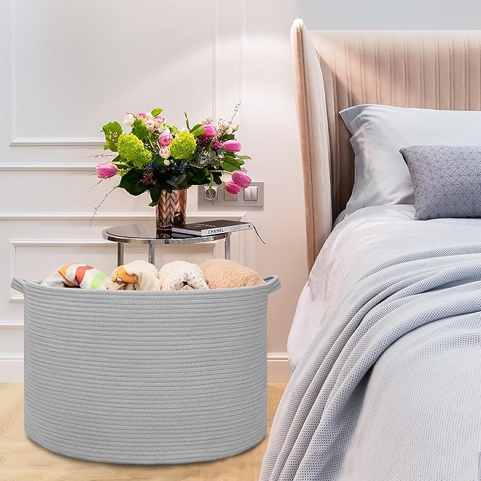 Extra Large Blanket Basket 87L, Laundry Hamper, Baby Nursery Hamper for Storage Toys Clothes Towels, Large Cotton Rope Laundry Basket for Girls Boys, 22”x 14”, Light Gray