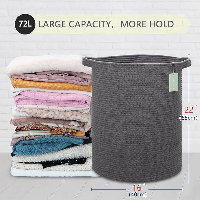 Large Cotton Rope Laundry Hamper 72L, Tall Baby Nursery Hamper, Woven Storage Basket for Living Room Bedroom, Laundry Basket for Storage Toys Clothes Towels, 16”x 22”, Dark Gray