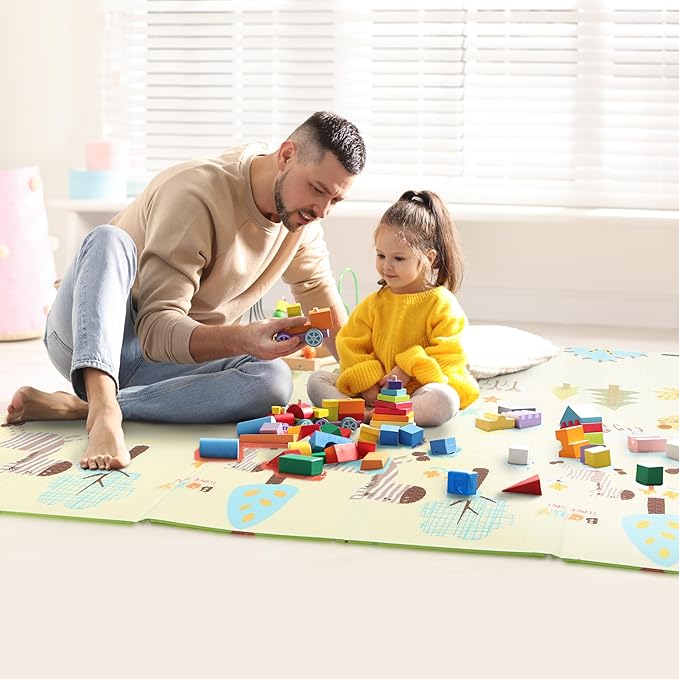 Bammax X-Large Waterproof Foam Padded Baby Play Mat | 1 cm thick Safe Foam Reversible & Foldable | 70" x 78" | Use as Baby Crawling Mat or Kids Play Mat for Floor - Giraffe & Mixed Animals