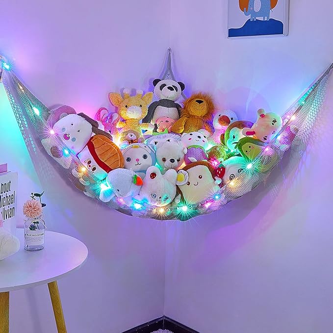 Unicorn Castle Stuffed Animals Net or Hammock Kids Toy Storage Organizer with LED Light Hanging Corner Stuffed Animals Holder Kids Girls Room Decor (Pack of 1)