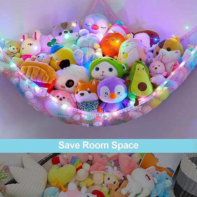 Unicorn Castle Stuffed Animals Net or Hammock Kids Toy Storage Organizer with LED Light Hanging Corner Stuffed Animals Holder Kids Girls Room Decor (Pack of 1)