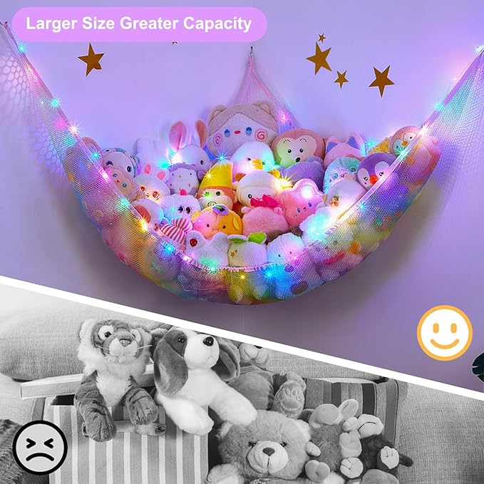 Unicorn Castle Stuffed Animals Net or Hammock Kids Toy Storage Organizer with LED Light Hanging Corner Stuffed Animals Holder Kids Girls Room Decor,Rainbow-A,XL-Large-Pack of 1