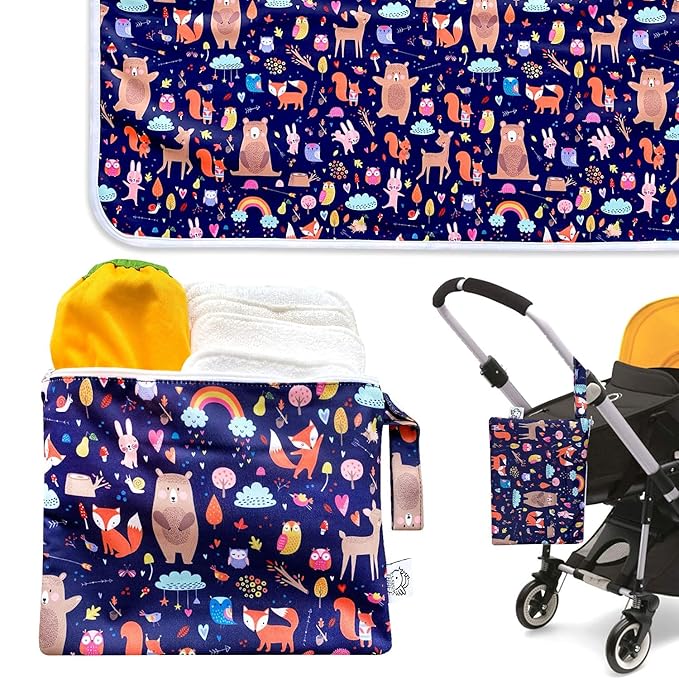 Flockthree Waterproof Baby Changing Pad with Storage Bag (28.7" X 19.7") Washable Wipeable Reusable Leak Proof Diaper Travel Mat Station Changing Mattress Liner Cribs Bed Cover, Animals