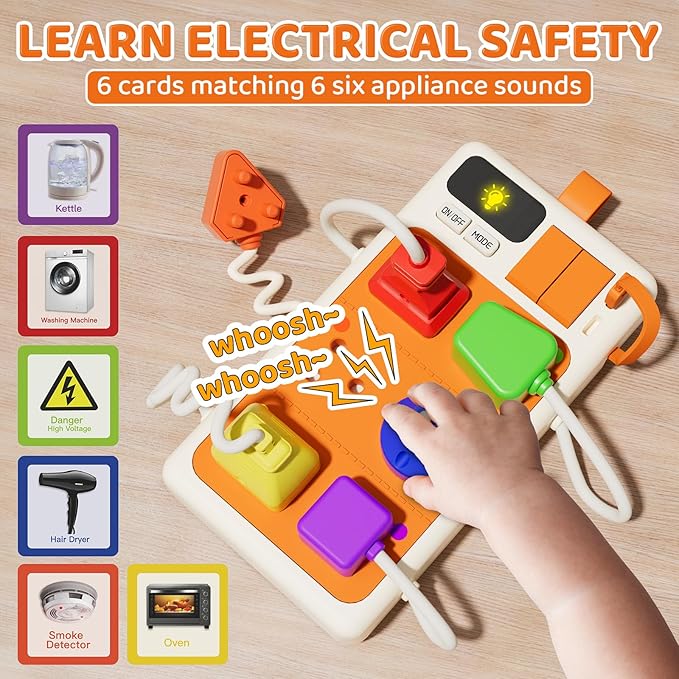 9 PCS Sensory Plug Outlet for Toddlers 1-3, Power Strip Montessori Toys for 1 Year Old, Busy Board with Light & Sounds, Airplane Car Travel Toys Gift for Baby