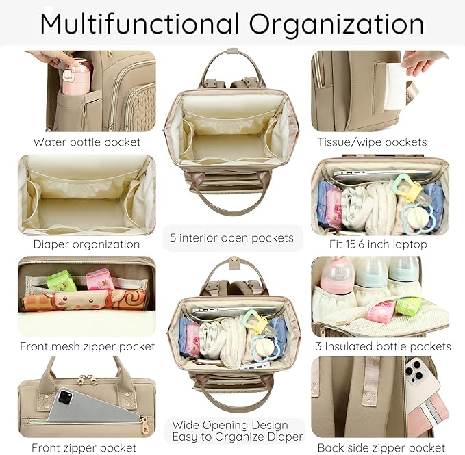 AIJIEKE Diaper Bag, Large Wide-Open Baby Diaper Backpack, Multi-functional Baby Travel Tote Bag, Diaper Bag with Changing Pad, Diaper Bags for Mom & Maternity (Brown Taupe)