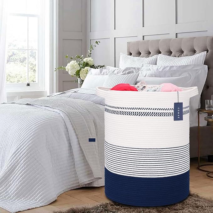 COMSE Extra Large Blanket Basket, Tall Laundry Basket, Nursery Hamper, 15.7”x 21.7”, Cotton Rope Woven Laundry Hamper for Storage Toys Clothes Towels, Navy Blue & White