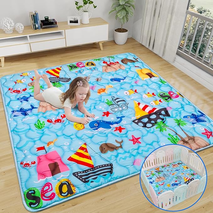 Ocean Baby Gyms Playmats for Playpen 50"×50" Marine Animals Play Mat for Playpen Playyards Thicken Soft Padding Foam Playmats for Babies Toddlers Infants Baby Crawling Mat Pad Tummy Time