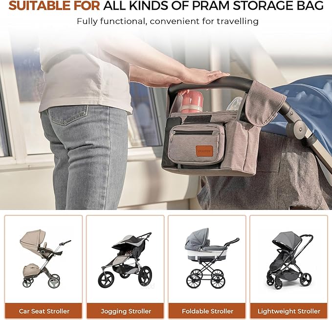 Universal Stroller Organizer with Cup Holder & Detachable Wristlet Large Baby Stroller Bag for Mom, Uppababy, Baby Jogger, Britax, BOB & Umbrella Strollers (Grey)