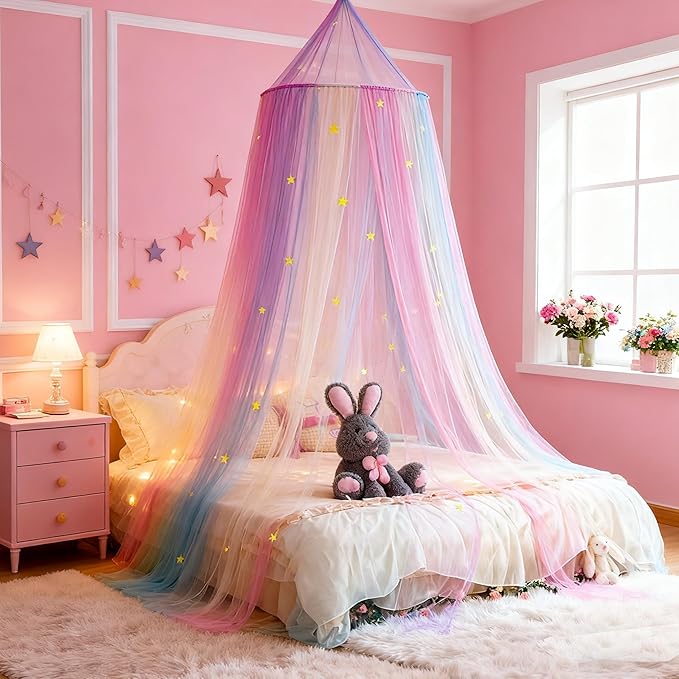 Rainbow Bed Canopy with Glow in The Dark Stars,X-Large Princess Rainbow Bed Curtains Mosquito Netting for Girls Bedroom,Kids Fairy Dream Play Hanging Canopy Tent for Room