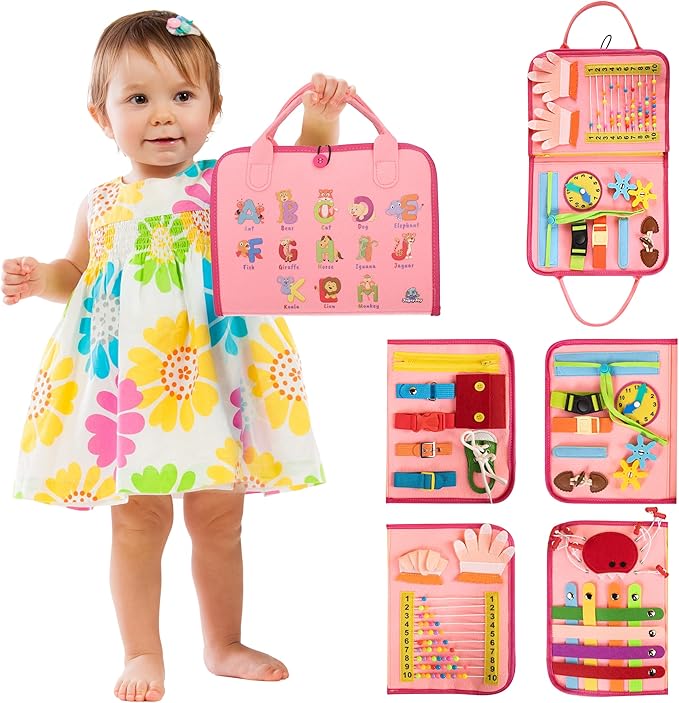 Montessori Busy Board Book, Toddlers, Sensory Activities and Preschool Learning - Toy for Home, Airplane and Car Travel (Pink)