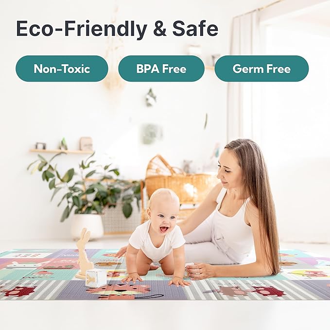 Foldable Baby Play Mat, Extra Large, Non-Toxic, Waterproof Activity Playmats for Babies, Education for Infant, Non-Slip Double Sided (79” x 71”and 0,4in Grey)