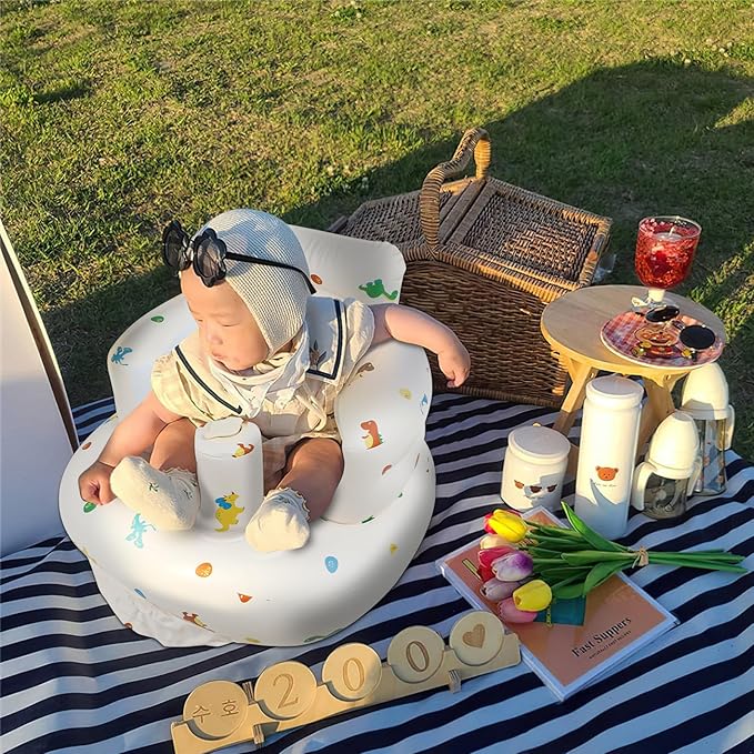 Inflatable Baby Chair with Built in Pump for Babies 3 Months & Up, Baby Floor Seats for Sitting Up, Blow Up Baby Seats for Infants - Dinosaur