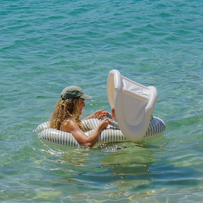 SUNNYLiFE Baby Pool Float with Canopy 24-33lbs - Infant Float with Removable Shade Canopy, Baby Swim Float with Head Rest & Leg Support | Duck Sage Stripe
