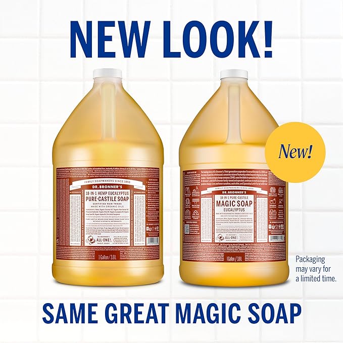 Dr. Bronner's Pure-Castile Magic Soap Liquid (Eucalyptus, 1 Gallon) - Made with Regenerative Organic Certified Oils, 18-in-1 Uses: Face, Body, Hair, Laundry, Pets and Dishes, Concentrated, Vegan