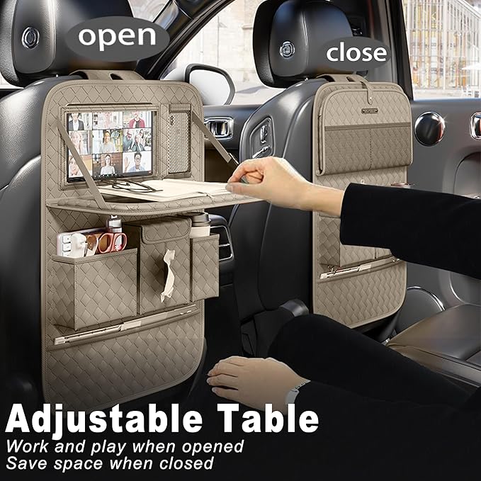 Car Seat Organizers,Multi-functional Back Seat Protectors, Storage Pouches, and Tray Holders (for Cars, Kids, Seat Back and Rear Seats) (Woven Beige, 2 Pcs)