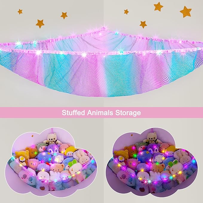 Unicorn Castle Stuffed Animals Net or Hammock Kids Toy Storage Organizer with LED Light Hanging Corner Stuffed Animals Holder Kids Girls Room Decor,Pink-Blue-Purple,Large-Pack of 1