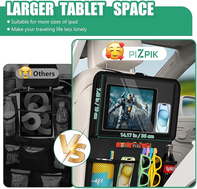 Car Backseat Organizer with Tablet Holder,11 Storage Pockets with Foldable Food Tray, Protector Kick Mats for Kids, Travel Accessories Organizer (Black, 2Pack)