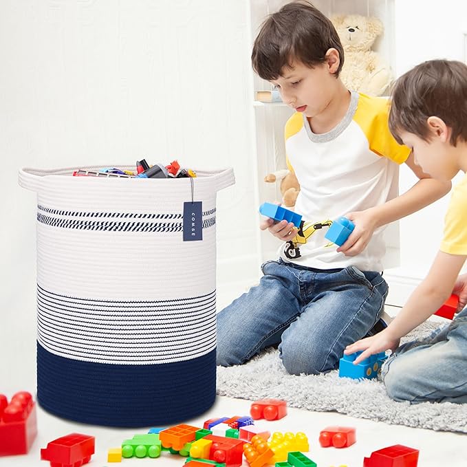 COMSE Extra Large Blanket Basket, Tall Laundry Basket, Nursery Hamper, 15.7”x 21.7”, Cotton Rope Woven Laundry Hamper for Storage Toys Clothes Towels, Navy Blue & White