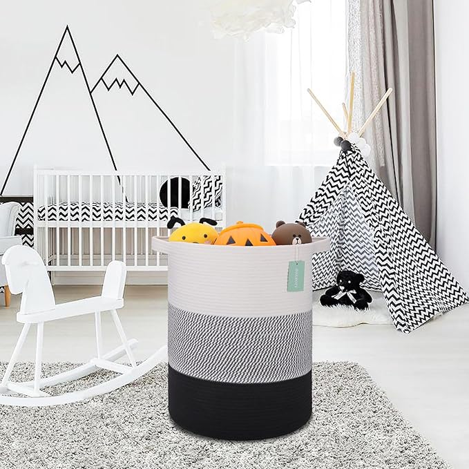 ﻿BOSROTY Large Laundry Hamper for Girls Boys Kids 72L, Nursery Hamper, Tall Laundry Basket, Cotton Rope Woven Blanket Basket for Storage Toys Clothes Towels, 16”x 22”, White & Gray & Black