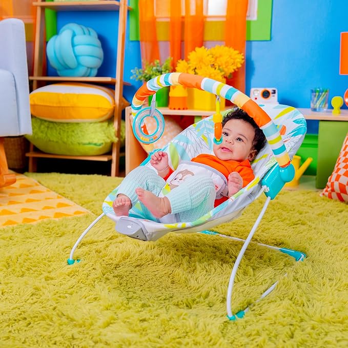 Bright Starts Baby Bouncer Soothing Vibrations Infant Seat - Removable -Toy Bar, Nonslip Feet, 0-6 Months Up to 20 lbs (Rainforest Vibes)