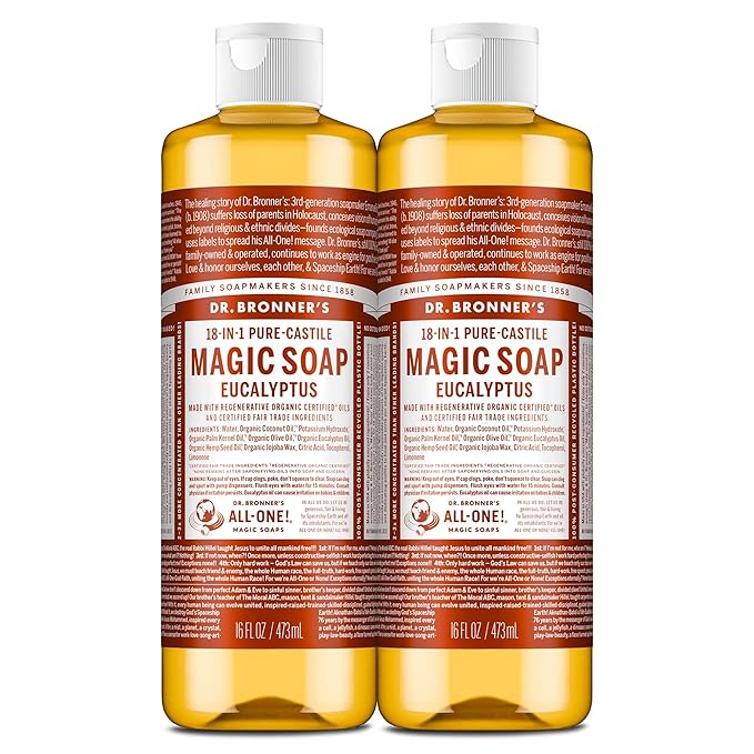 Dr. Bronner's Magic Soap - Pure-Castile Liquid Soap (Eucalyptus, 16 ounce, 2-Pack) -Regenerative Organic Certified Oils, 18-in-1 Uses: Body, Hair, Laundry, Pets & Dishes, Concentrated, Vegan, Non-GMO