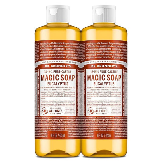 Dr. Bronner's Magic Soap - Pure-Castile Liquid Soap (Eucalyptus, 16 ounce, 2-Pack) -Regenerative Organic Certified Oils, 18-in-1 Uses: Body, Hair, Laundry, Pets & Dishes, Concentrated, Vegan, Non-GMO
