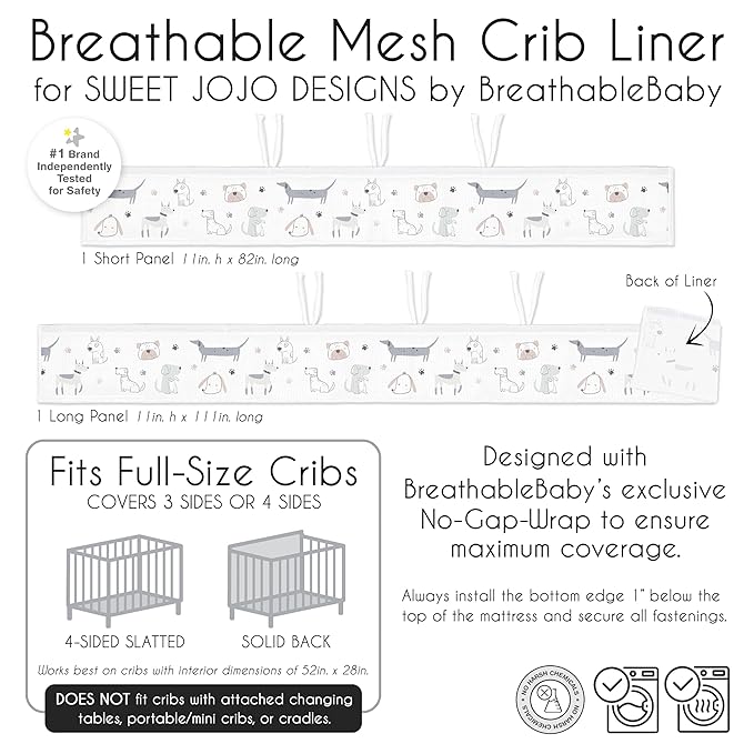 Sweet Jojo Designs + BreathableBaby 2-Piece Breathable Mesh Crib Liner Set (Dog) for Boys/Girls, Baby, Infants/Newborn Nursery (Modern Dogs, Puppy, Pet, Watercolor Puppies, Boho Hatch, Bulldog, Doggy)