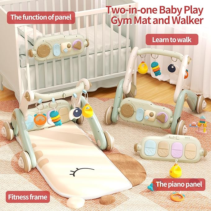 2 in 1 Baby Gym with Walker,Baby Play Mat with 4 Infant Learning Sensory,Double-Sided Multifunctional Removable Play Piano Panel,Sit-to-Stand Learning Walker for 0-24 Months Boy Girl [White]
