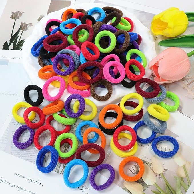 WillingTee 120 Pcs Baby Hair Ties, Cotton Toddler Hair Ties for Girls and Kids, Multicolor Small Seamless Hair Bands Elastic Ponytail Holders,Bright Color