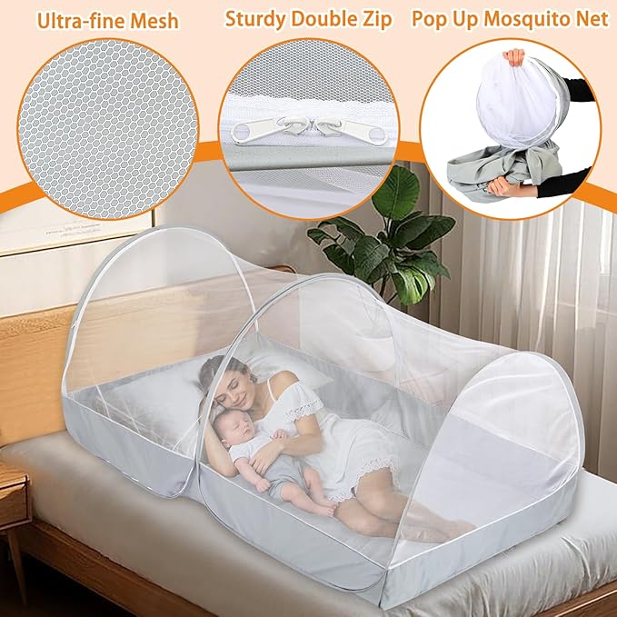 Pop Up Mosquito Net for Bed - Portable Mosquito Tent with Dense Mesh - Bed Tent with Easy Fold Durable Mesh for Camping, Travel, Bunk Beds and Home Protection (White Gery)