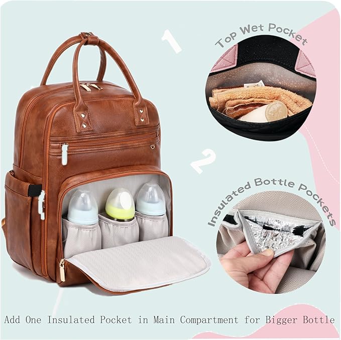 18 Pockets Diaper Bag Backpack with Waterproof Pockets and Stroller Buckle, Convertible Tote Bag (Brown, Large)