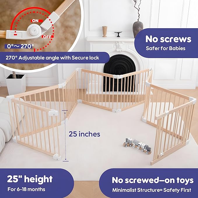 Foldable Wooden Baby Playpen Large Play Yard for Babies and Toddlers, 2 in 1 Portable Fence Custom 25" Tall Wood Gate with Adjustable Size & Shape for Infants 3-12 Months -63x63x25 inch
