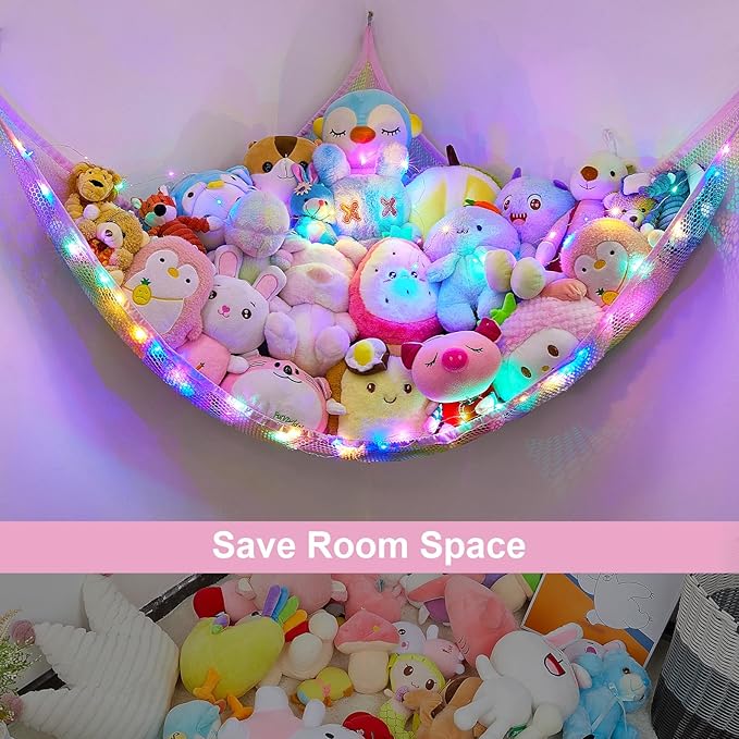 Unicorn Castle Stuffed Animals Net or Hammock Kids Toy Storage Organizer with LED Light Hanging Corner Stuffed Animals Holder Kids Girls Room Decor (Pack of 1)